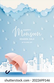 Monsoon season banner sale with pastel color scheme and paper art style vector illustration