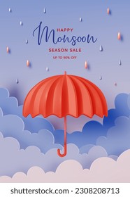 Monsoon season banner sale with pastel color scheme and paper art style vector illustration