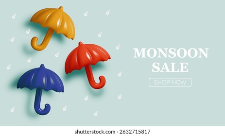 Monsoon season banner sale with pastel color scheme and realistic 3d art style vector illustration