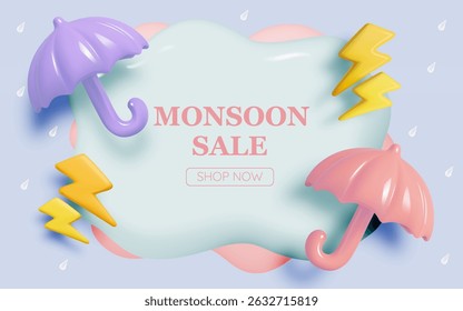 Monsoon season banner sale with pastel color scheme and realistic 3d art style vector illustration