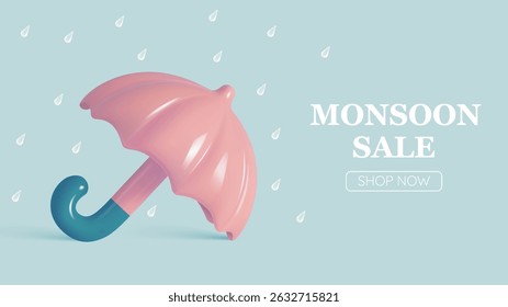 Monsoon season banner sale with pastel color scheme and realistic 3d art style vector illustration