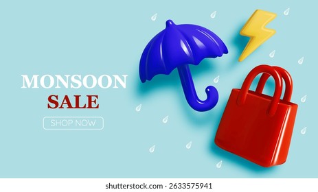 Monsoon season banner sale with pastel color scheme and realistic 3d art style vector illustration