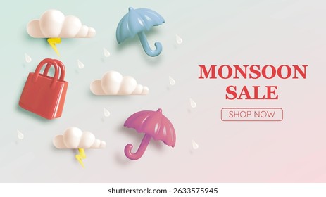 Monsoon season banner sale with pastel color scheme and realistic 3d art style vector illustration