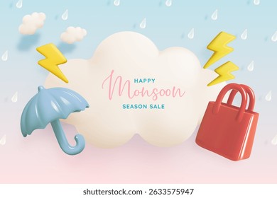 Monsoon season banner sale with pastel color scheme and realistic 3d art style vector illustration