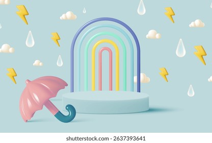 Monsoon season banner sale with pastel color scheme and realistic 3d art style vector illustration