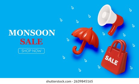 Monsoon season banner sale with pastel color scheme and realistic 3d art style vector illustration