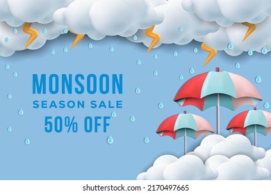 monsoon season big sale banner poster with clouds, thunder, rainfall, and umbrellas 3d vector illustration