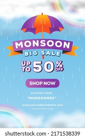 monsoon season big sale with umbrella and rainbow. realistic monsoon sale banner