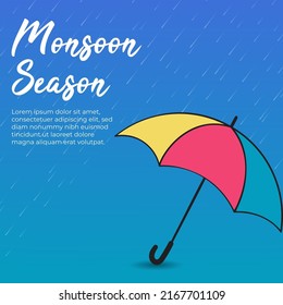 Monsoon season blue background with umbrella and rain