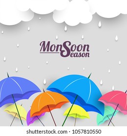 Monsoon season with colorful umbrellas, paper-art layering concept based clouds.