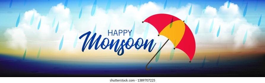 Monsoon season with colorful umbrellas, paper-art layering concept based clouds. - Vector with monsoon elements and offer text like cloud,rain and sky.