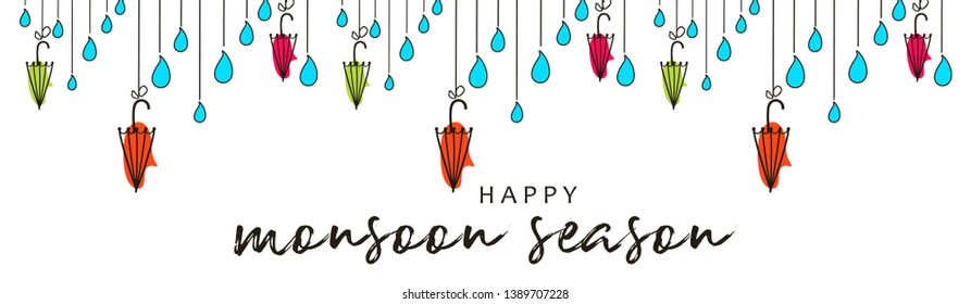 Monsoon season with colorful umbrellas, paper-art layering concept based clouds. - Vector with monsoon elements and offer text like cloud,rain and sky.