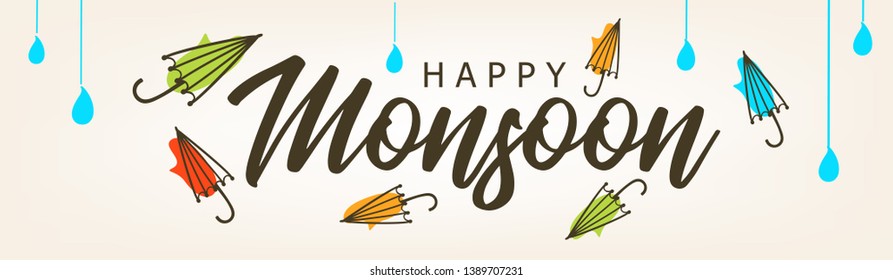 Monsoon season with colorful umbrellas, paper-art layering concept based clouds. - Vector with monsoon elements and offer text like cloud,rain and sky.