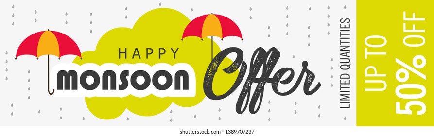 Monsoon season with colorful umbrellas, paper-art layering concept based clouds. - Vector with monsoon elements and offer text like cloud,rain and sky.