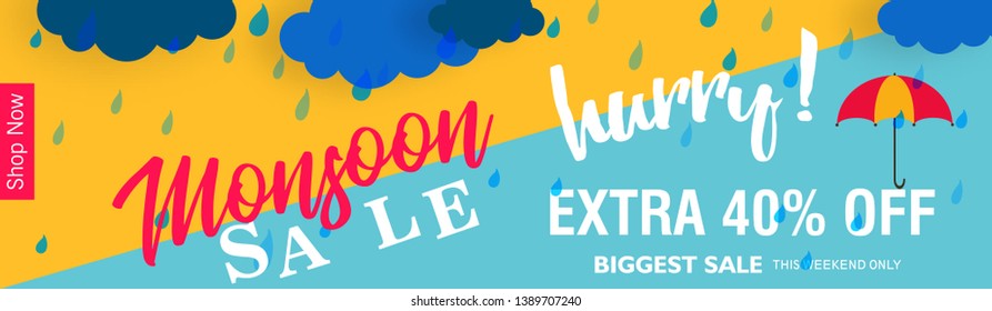 Monsoon season with colorful umbrellas, paper-art layering concept based clouds. - Vector with monsoon elements and offer text like cloud,rain and sky.