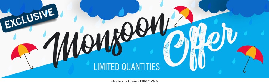 Monsoon season with colorful umbrellas, paper-art layering concept based clouds. - Vector with monsoon elements and offer text like cloud,rain and sky.