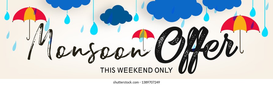 Monsoon season with colorful umbrellas, paper-art layering concept based clouds. - Vector with monsoon elements and offer text like cloud,rain and sky.