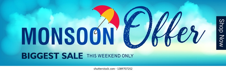 Monsoon season with colorful umbrellas, paper-art layering concept based clouds. - Vector with monsoon elements and offer text like cloud,rain and sky.