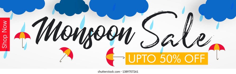 Monsoon season with colorful umbrellas, paper-art layering concept based clouds. - Vector with monsoon elements and offer text like cloud,rain and sky.