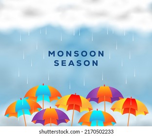 monsoon season gradient design illustration with umbrellas and rainfall. vector monsoon season