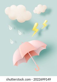 Monsoon season icons with umbrella rain drop cloud and lighting flash in pastel color scheme.