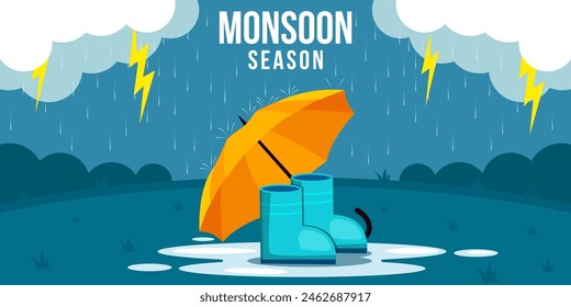 monsoon season landscape with umbrella and boots illustration