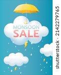 Monsoon season offer and sale banner, umbrella and clouds background with thunder