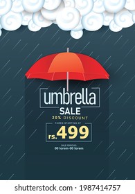 Monsoon season offer and sale banner, Background drops, colorful umbrella with text 