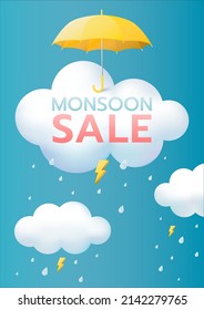 Monsoon season offer and sale banner, umbrella and clouds background with thunder