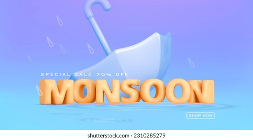 Monsoon season rain sale banner. 3d balloon monsoon text and 3d umbrella on blue rainy background. Vector cartoon illustration for promotion, discount, web header, coupon