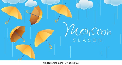 Monsoon Season Sale with 3D Realistic Umbrella Vector Illustration. Suitable for Poster, Banner, Flyer, Web Header and Advertisement Page Design.