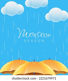 Monsoon Season Sale with 3D Realistic Umbrella Vector Illustration. Suitable for Poster, Banner, Flyer, Web Header and Advertisement Page Design.