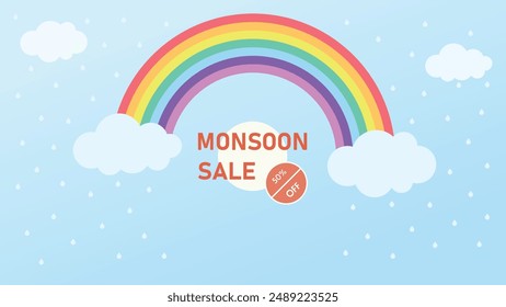 Monsoon season sale background with rainbow, rain, and clouds. Vector template design.
