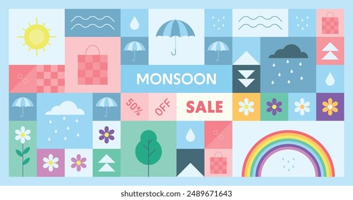 Monsoon season sale background with seamless pattern of umbrellas, rain, clouds, flowers, etc. Vector template design.