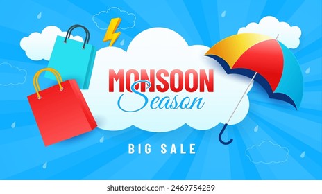 Monsoon season sale background with Umbrella and shopping bags. Rainy day, Poster, Template