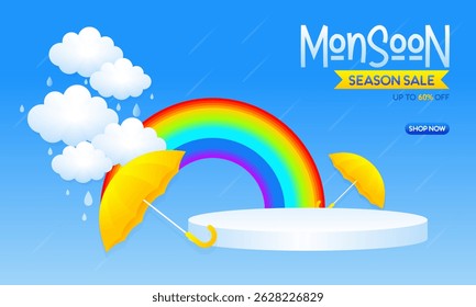 Monsoon Season Sale Banner with 3D Podium and Rainy Weather Elements – Up to 60% OFF
