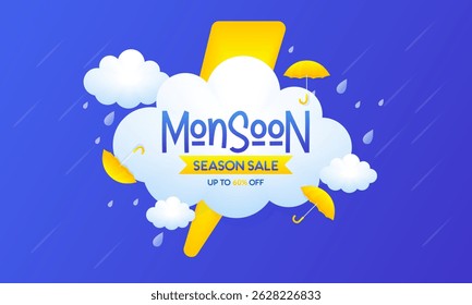Monsoon Season Sale Banner with 3D Podium and Rainy Weather Elements – Up to 60% OFF