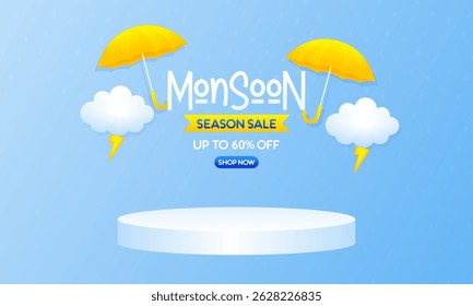 Monsoon Season Sale Banner with 3D Podium and Rainy Weather Elements – Up to 60% OFF