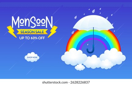 Monsoon Season Sale Banner with 3D Podium and Rainy Weather Elements – Up to 60% OFF