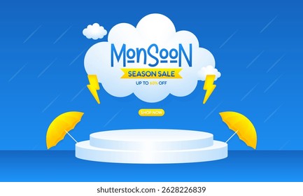 Monsoon Season Sale Banner with 3D Podium and Rainy Weather Elements – Up to 60% OFF