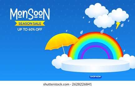 Monsoon Season Sale Banner with 3D Podium and Rainy Weather Elements – Up to 60% OFF