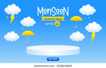 Monsoon Season Sale Banner with 3D Podium and Rainy Weather Elements – Up to 60% OFF