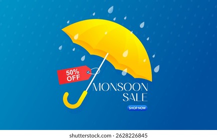 Monsoon Season Sale Banner with 3D Podium and Rainy Weather Elements – Up to 60% OFF