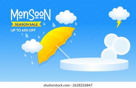 Monsoon Season Sale Banner with 3D Podium and Rainy Weather Elements – Up to 60% OFF