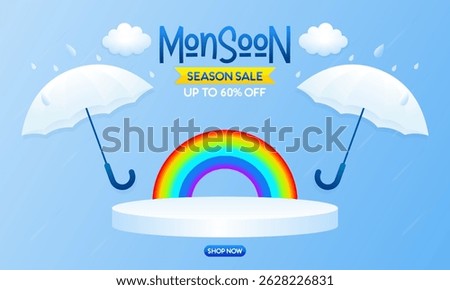 Monsoon Season Sale Banner with 3D Podium and Rainy Weather Elements – Up to 60% OFF