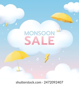 Monsoon season sale banner pastel colors, umbrellas, rains and clouds background with thunder 