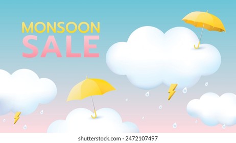 Monsoon season sale banner pastel color, umbrellas and clouds background with thunders