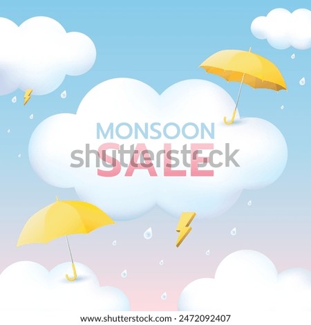 Monsoon season sale banner pastel colors, umbrellas, rains and clouds background with thunder 