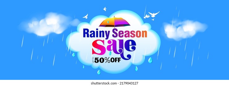 Monsoon season Sale banner with rainy background and umbrella.