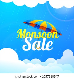 Monsoon season sale with colorful umbrella, raindrops, and clouds.